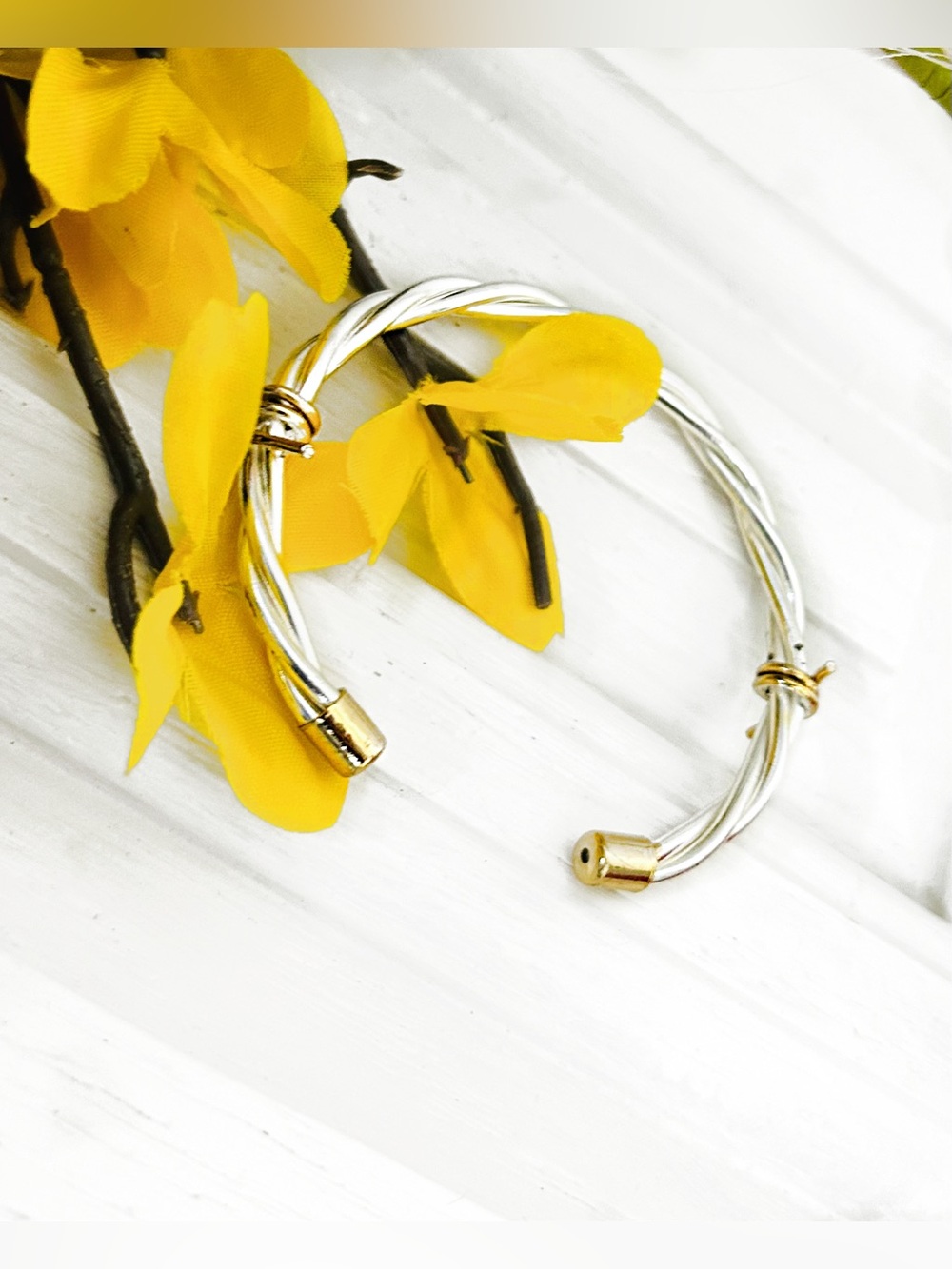 Elegant Two-Tone Twisted Cable Cuff Bracelet - Silver and Gold - Picture 3 of 11